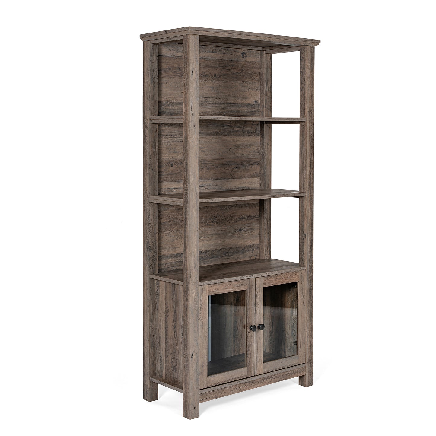 Stella Modern Farmhouse Wooden Bookcase and Storage Cabinet with Tempered Glass Doors and 3 Upper Shelves in Gray Wash Gray Wash