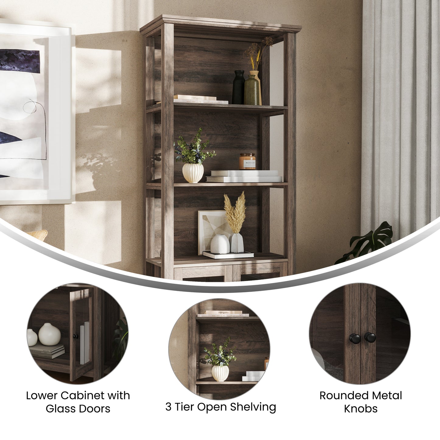 Stella Modern Farmhouse Wooden Bookcase and Storage Cabinet with Tempered Glass Doors and 3 Upper Shelves in Gray Wash Gray Wash