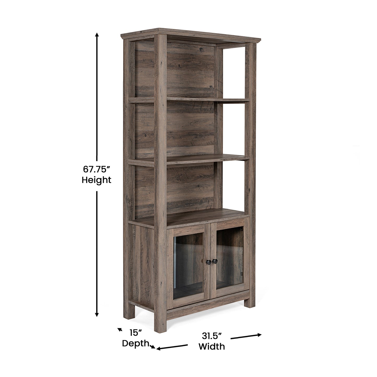 Stella Modern Farmhouse Wooden Bookcase and Storage Cabinet with Tempered Glass Doors and 3 Upper Shelves in Gray Wash Gray Wash