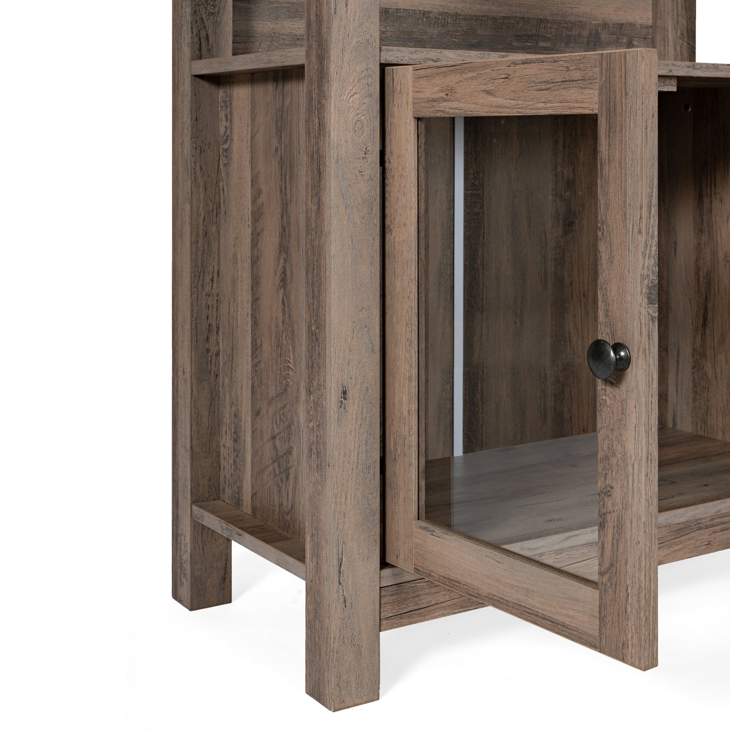 Stella Modern Farmhouse Wooden Bookcase and Storage Cabinet with Tempered Glass Doors and 3 Upper Shelves in Gray Wash Gray Wash