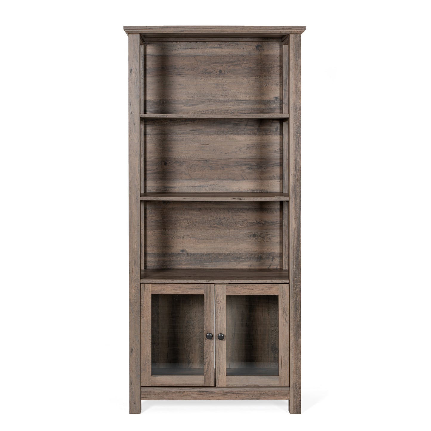 Stella Modern Farmhouse Wooden Bookcase and Storage Cabinet with Tempered Glass Doors and 3 Upper Shelves in Gray Wash Gray Wash