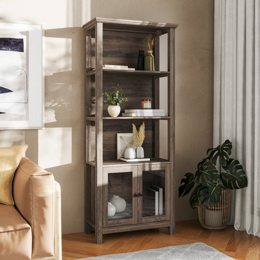 Stella Modern Farmhouse Wooden Bookcase and Storage Cabinet with Tempered Glass Doors and 3 Upper Shelves in Gray Wash Gray Wash ZG-027-GRYWSH-GG