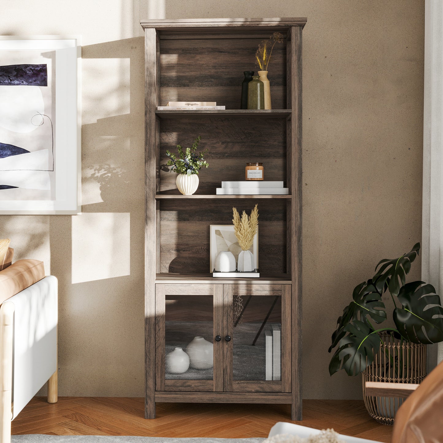 Stella Modern Farmhouse Wooden Bookcase and Storage Cabinet with Tempered Glass Doors and 3 Upper Shelves in Gray Wash Gray Wash