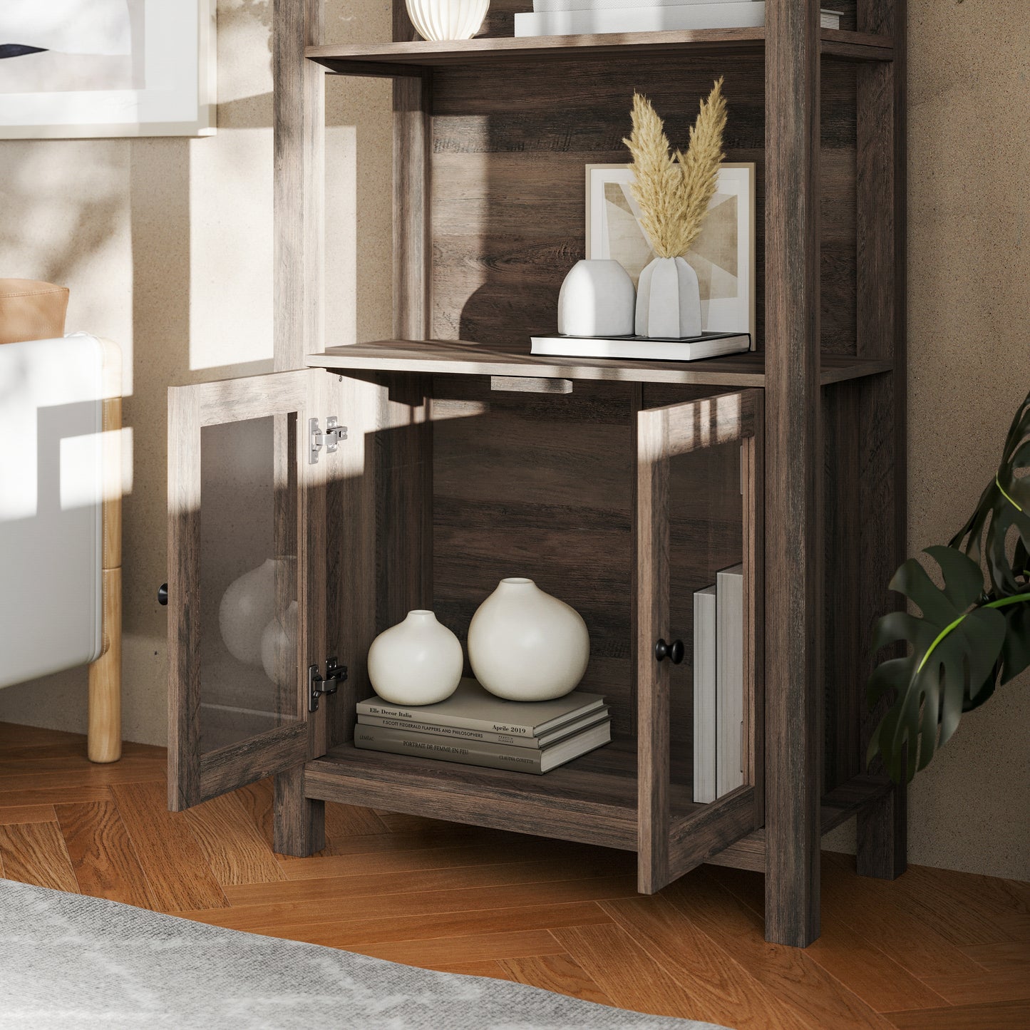 Stella Modern Farmhouse Wooden Bookcase and Storage Cabinet with Tempered Glass Doors and 3 Upper Shelves in Gray Wash Gray Wash