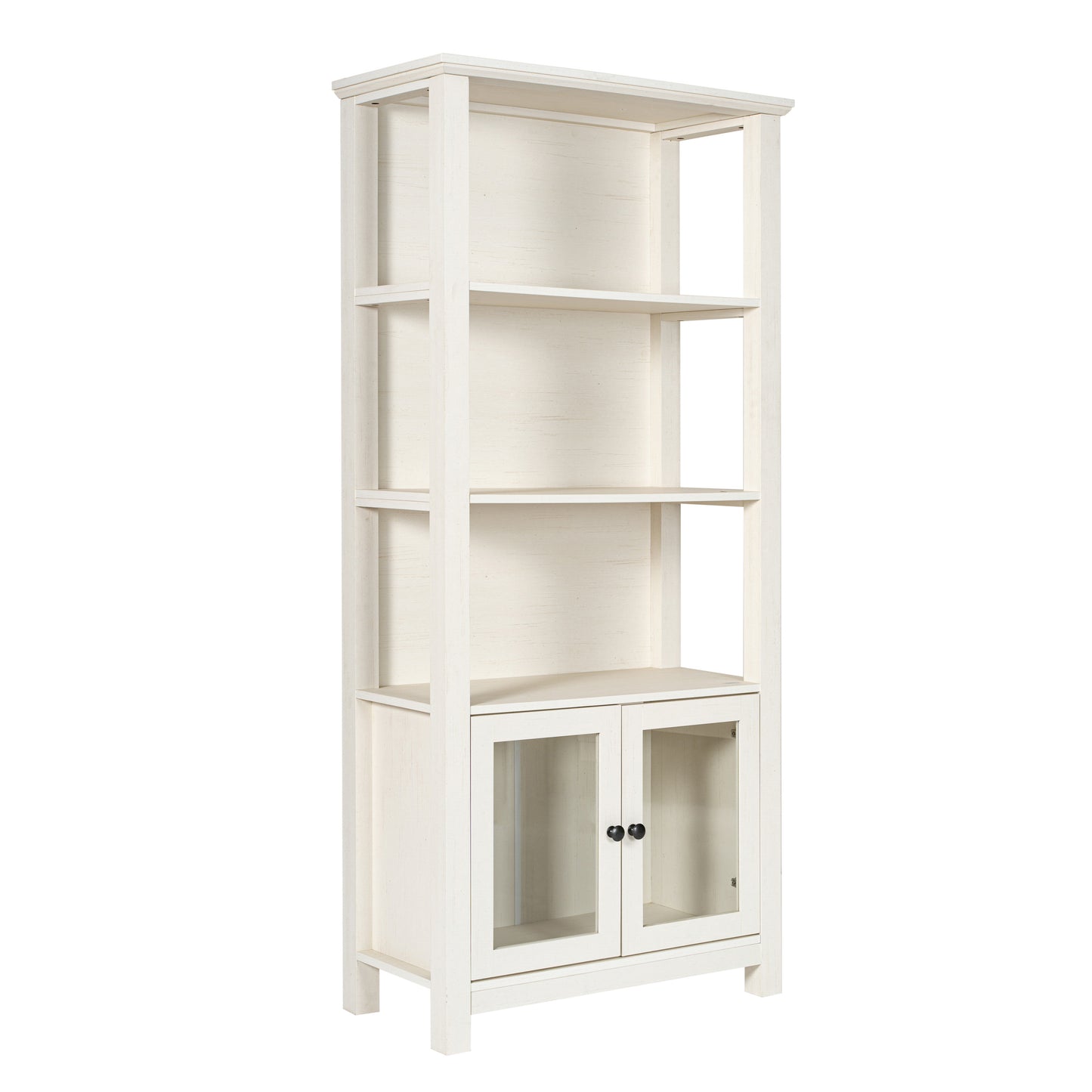 Stella Modern Farmhouse Wooden Bookcase and Storage Cabinet with Tempered Glass Doors and 3 Upper Shelves in White White