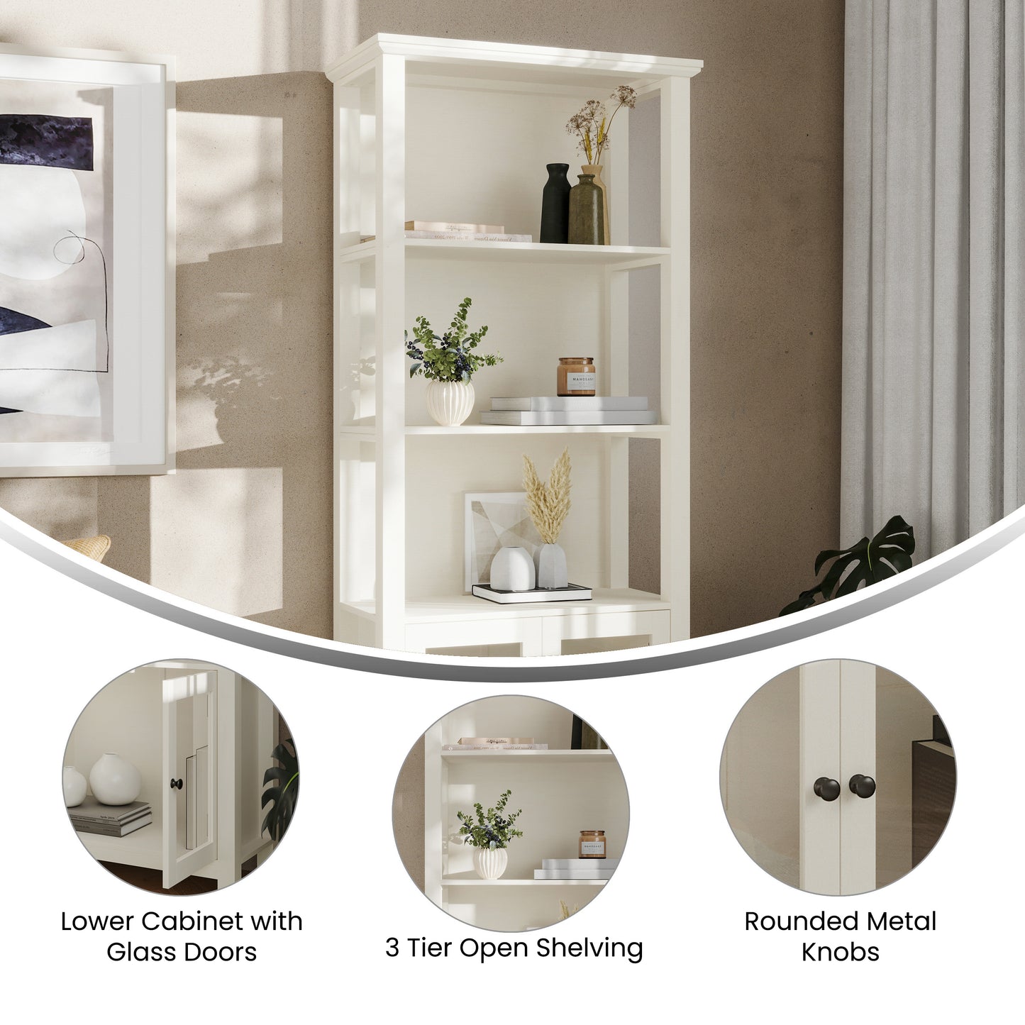 Stella Modern Farmhouse Wooden Bookcase and Storage Cabinet with Tempered Glass Doors and 3 Upper Shelves in White White