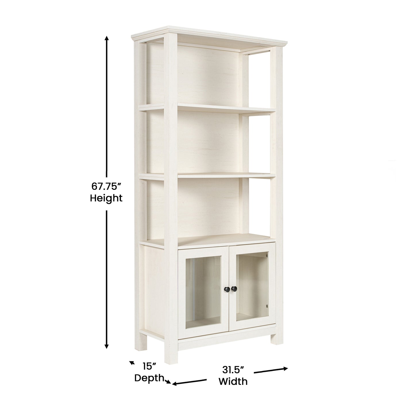 Stella Modern Farmhouse Wooden Bookcase and Storage Cabinet with Tempered Glass Doors and 3 Upper Shelves in White White