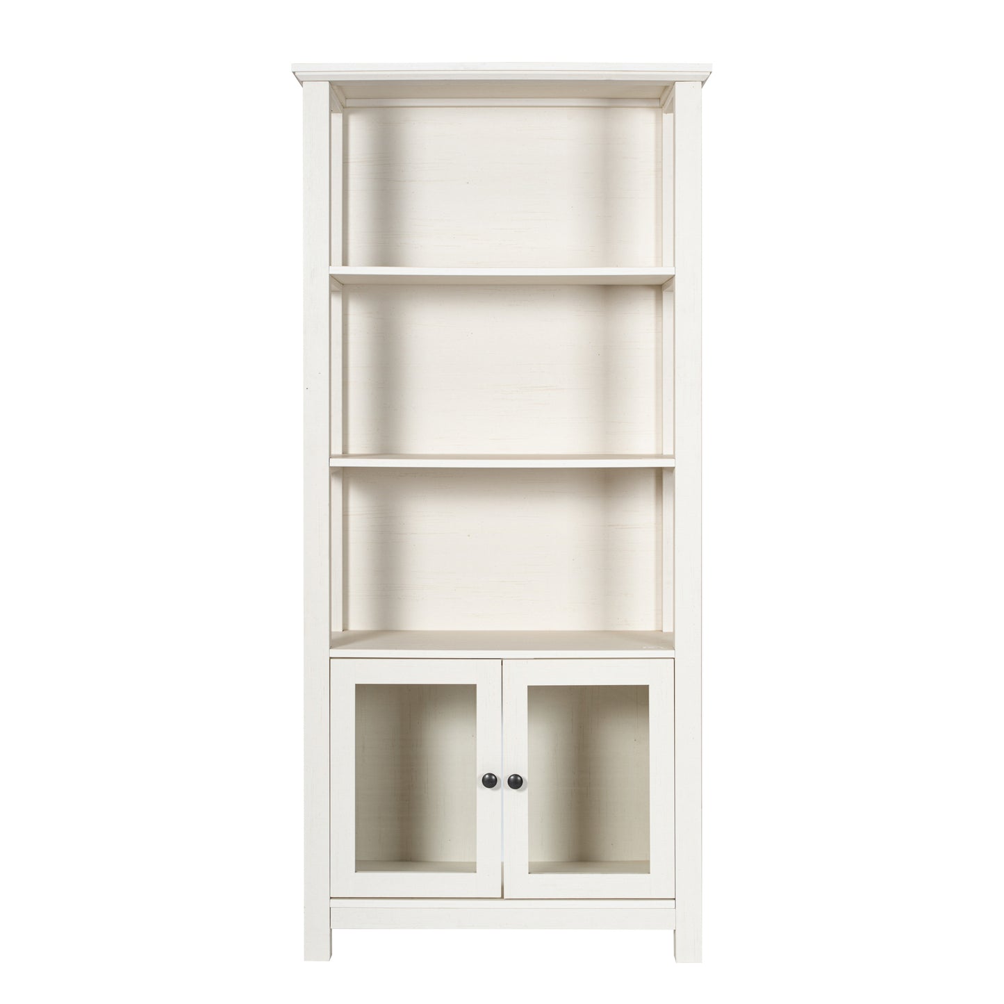Stella Modern Farmhouse Wooden Bookcase and Storage Cabinet with Tempered Glass Doors and 3 Upper Shelves in White White