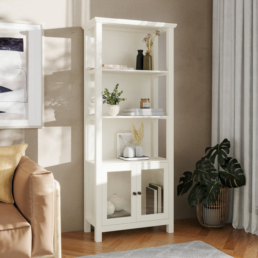 Stella Modern Farmhouse Wooden Bookcase and Storage Cabinet with Tempered Glass Doors and 3 Upper Shelves in White White ZG-027-WHT-GG