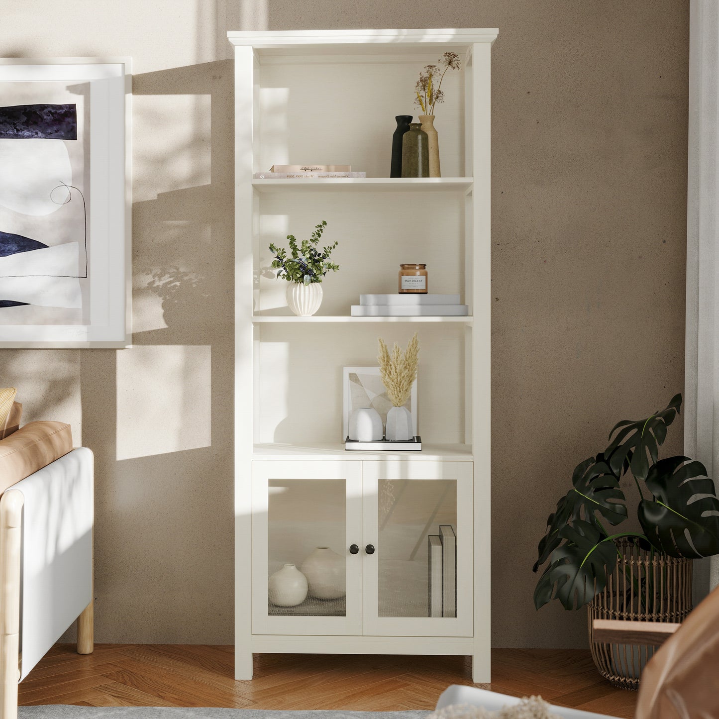 Stella Modern Farmhouse Wooden Bookcase and Storage Cabinet with Tempered Glass Doors and 3 Upper Shelves in White White
