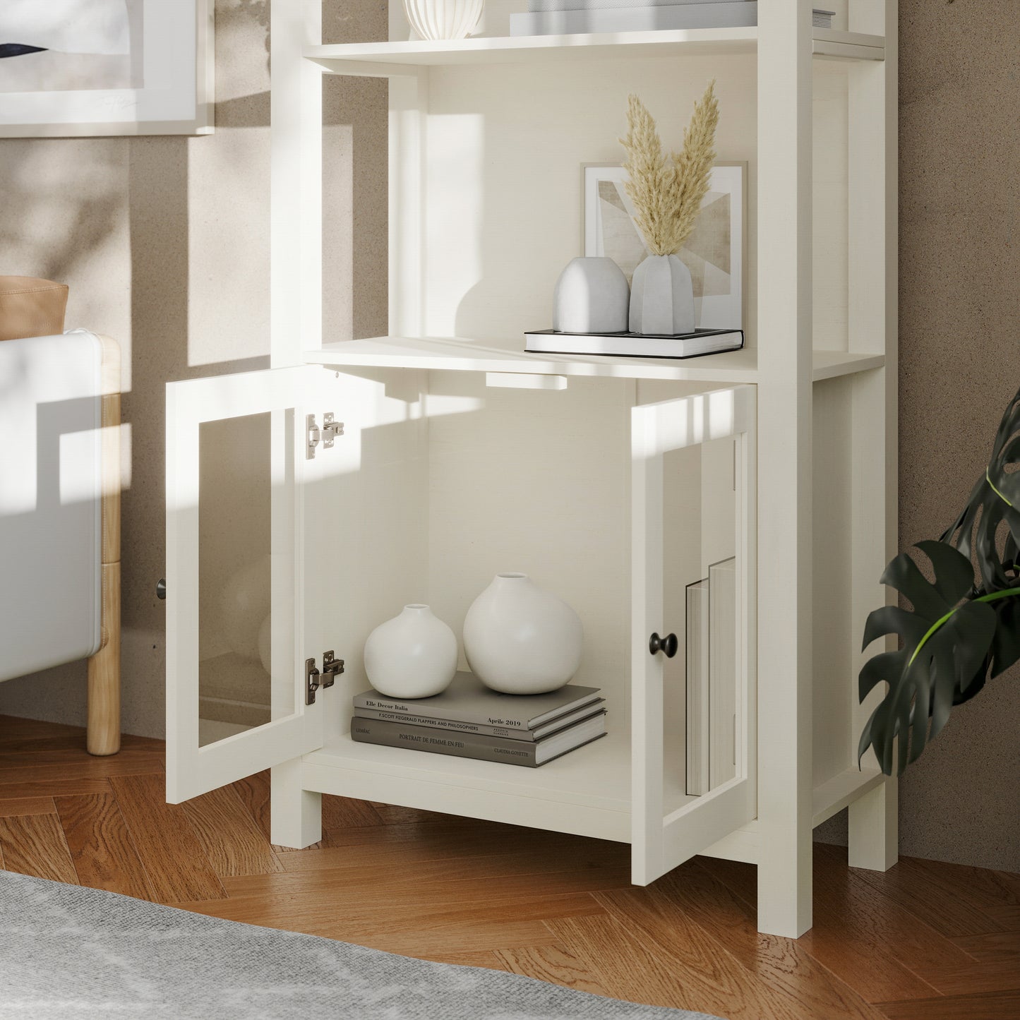 Stella Modern Farmhouse Wooden Bookcase and Storage Cabinet with Tempered Glass Doors and 3 Upper Shelves in White White