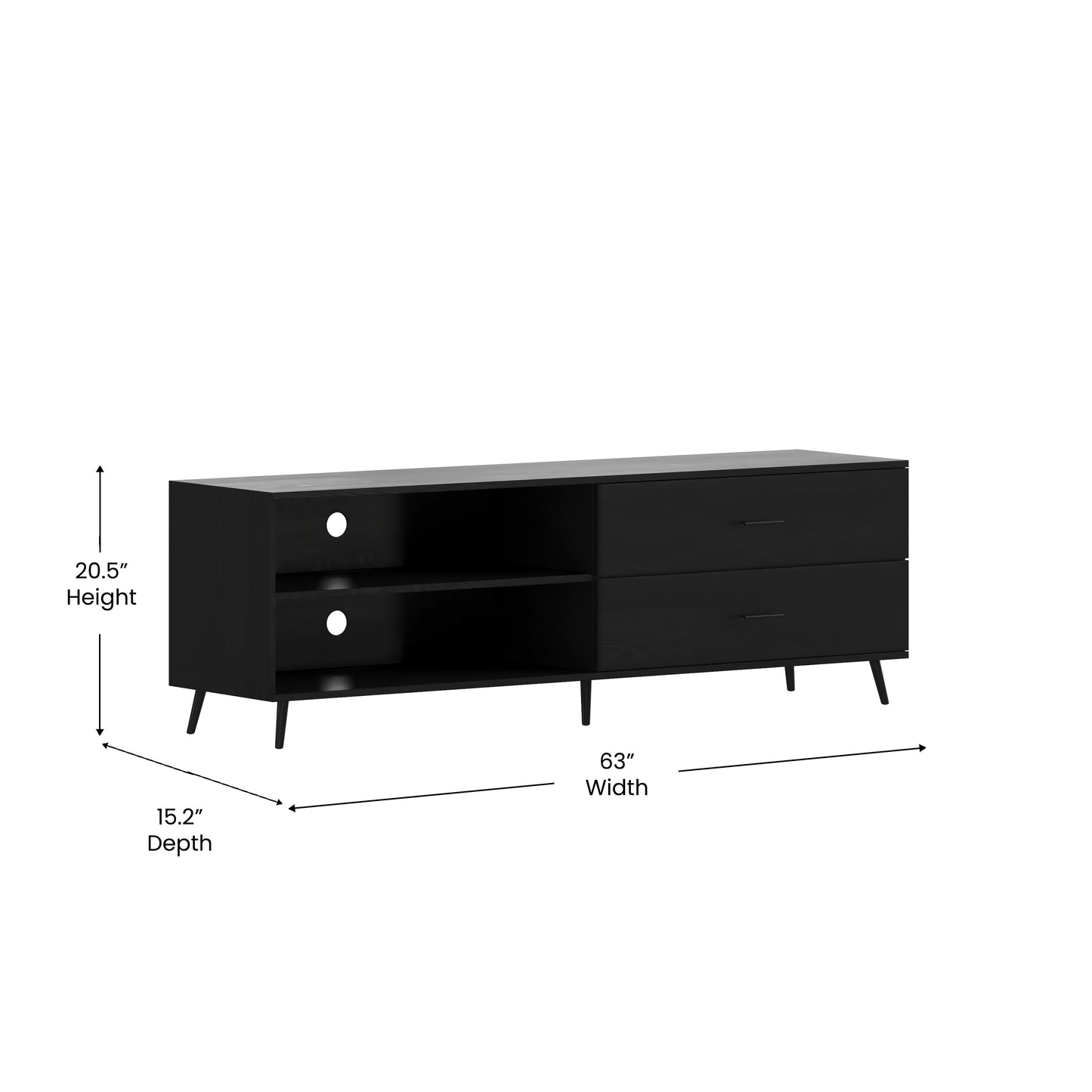 Nelson 65" Mid Century Modern TV Stand for up to 60" TV's with Adjustable Shelf and Storage Drawers, Black Black