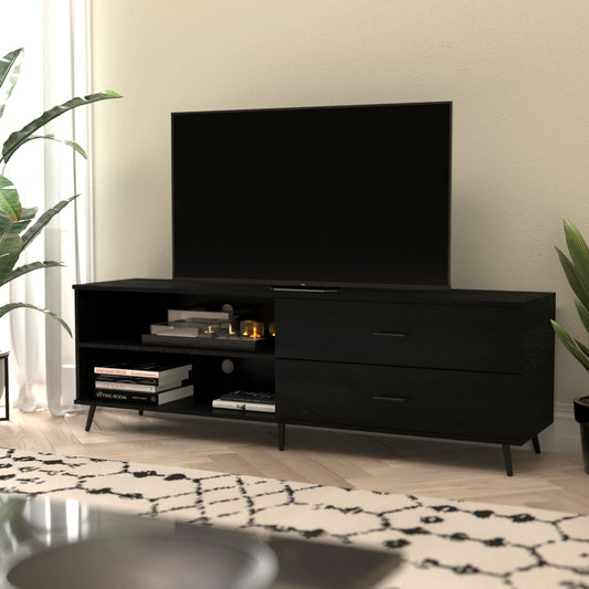 Nelson 65" Mid Century Modern TV Stand for up to 60" TV's with Adjustable Shelf and Storage Drawers, Black Black