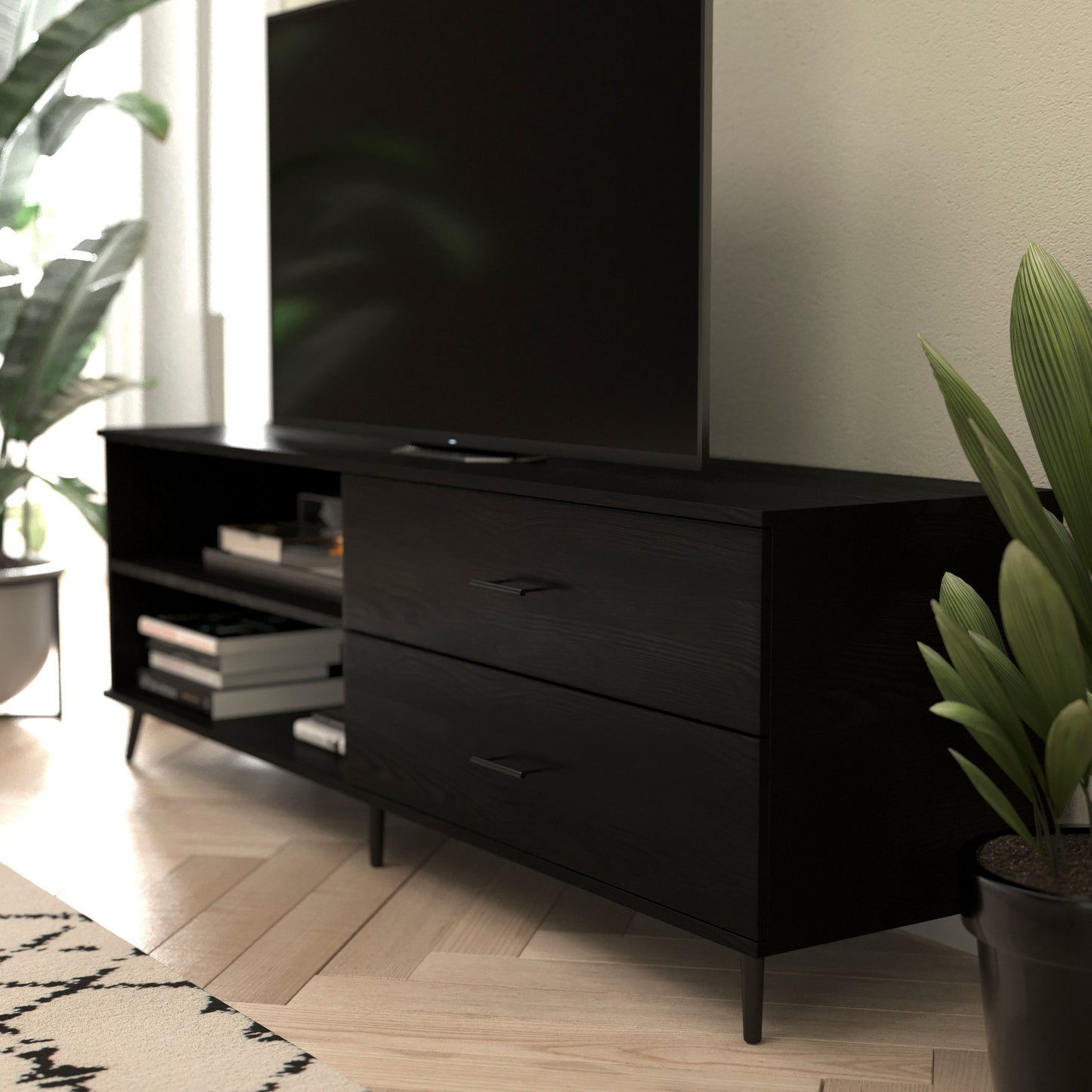 Nelson 65" Mid Century Modern TV Stand for up to 60" TV's with Adjustable Shelf and Storage Drawers, Black Black