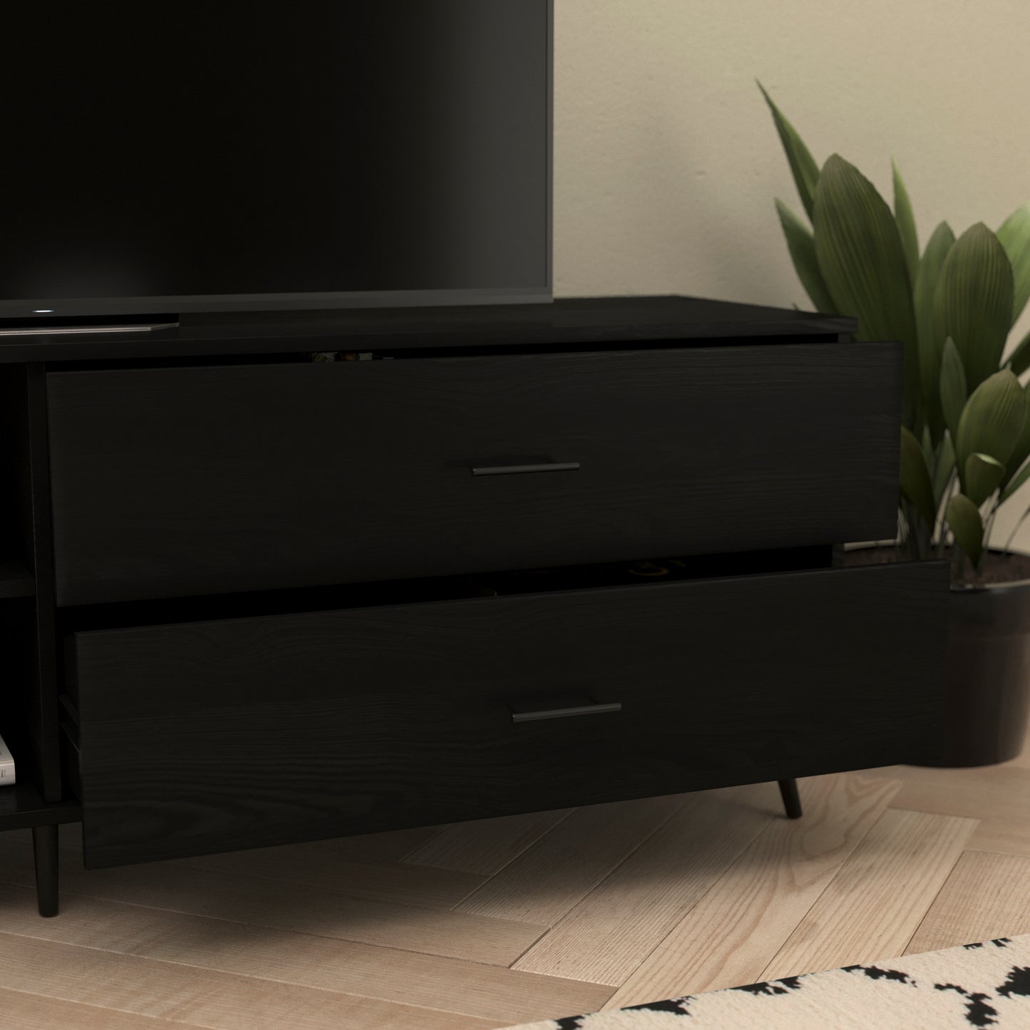 Nelson 65" Mid Century Modern TV Stand for up to 60" TV's with Adjustable Shelf and Storage Drawers, Black Black