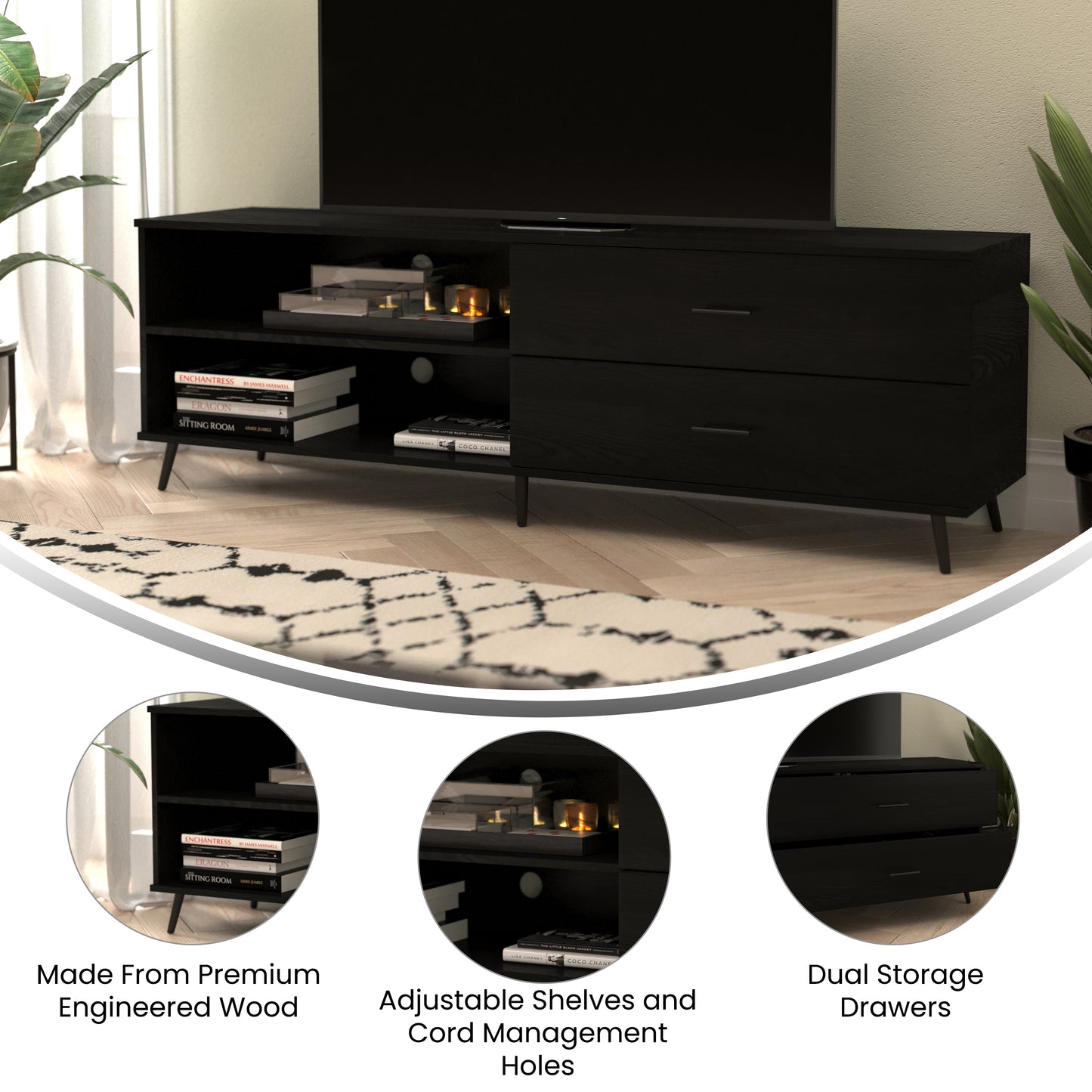 Nelson 65" Mid Century Modern TV Stand for up to 60" TV's with Adjustable Shelf and Storage Drawers, Black Black