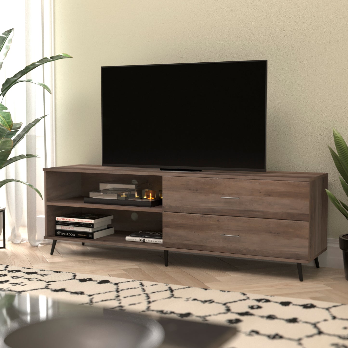 Nelson 65" Mid Century Modern TV Stand for up to 60" TV's with Adjustable Shelf and Storage Drawers, Walnut Walnut