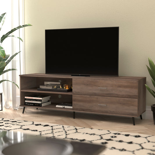 Nelson 65" Mid Century Modern TV Stand for up to 60" TV's with Adjustable Shelf and Storage Drawers, Walnut Walnut