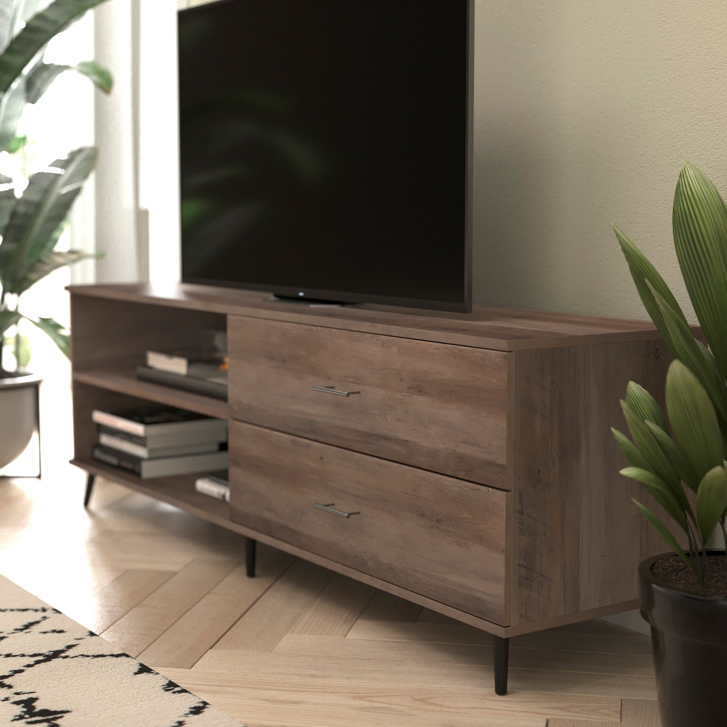 Nelson 65" Mid Century Modern TV Stand for up to 60" TV's with Adjustable Shelf and Storage Drawers, Walnut Walnut