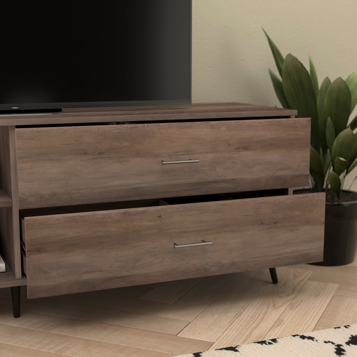 Nelson 65" Mid Century Modern TV Stand for up to 60" TV's with Adjustable Shelf and Storage Drawers, Walnut Walnut