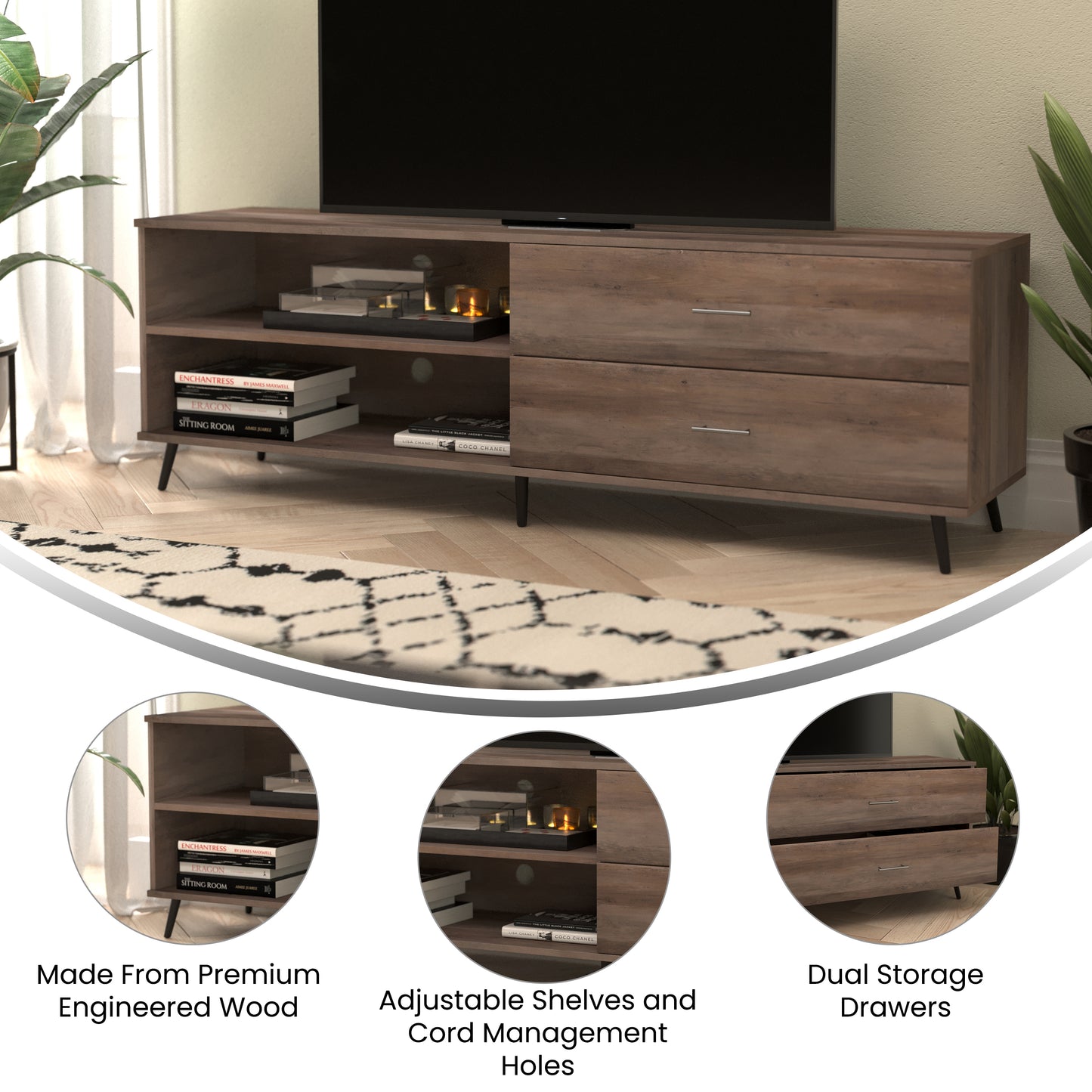 Nelson 65" Mid Century Modern TV Stand for up to 60" TV's with Adjustable Shelf and Storage Drawers, Walnut Walnut