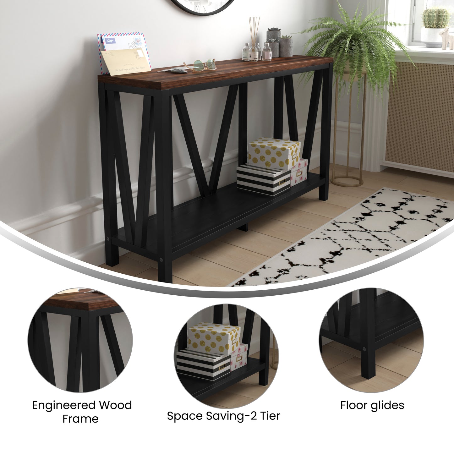 Charlotte Farmhouse 2-Tier Console Accent Table - Black Finish Engineered Wood Frame - Walnut Finish Tabletop - For Entryway or Living Room Walnut Top/Black Frame