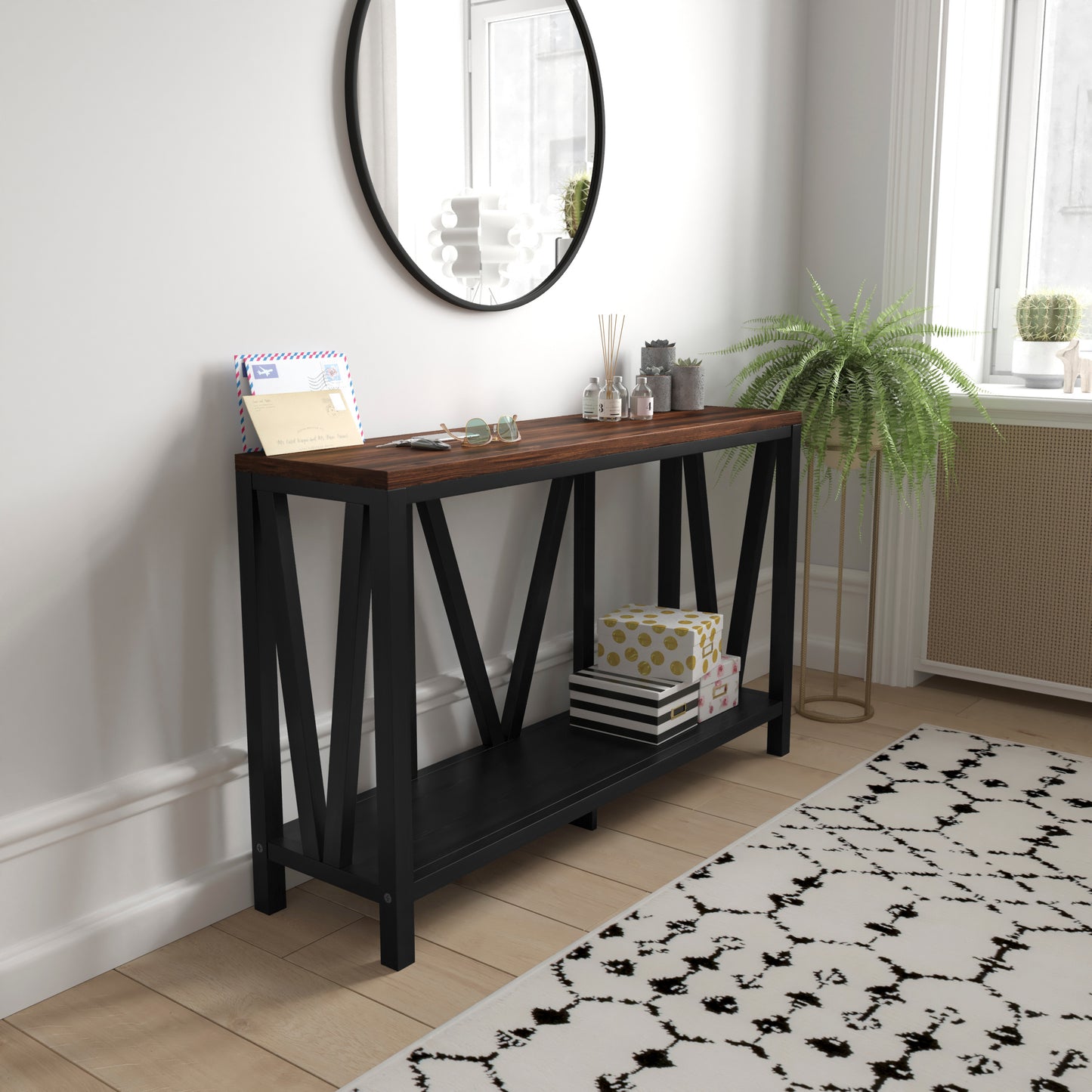 Charlotte Farmhouse 2-Tier Console Accent Table - Black Finish Engineered Wood Frame - Walnut Finish Tabletop - For Entryway or Living Room Walnut Top/Black Frame