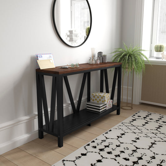 Charlotte Farmhouse 2-Tier Console Accent Table - Black Finish Engineered Wood Frame - Walnut Finish Tabletop - For Entryway or Living Room Walnut Top/Black Frame