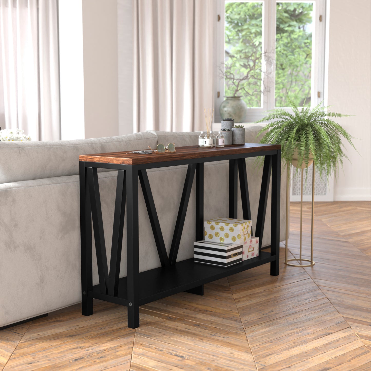 Charlotte Farmhouse 2-Tier Console Accent Table - Black Finish Engineered Wood Frame - Walnut Finish Tabletop - For Entryway or Living Room Walnut Top/Black Frame