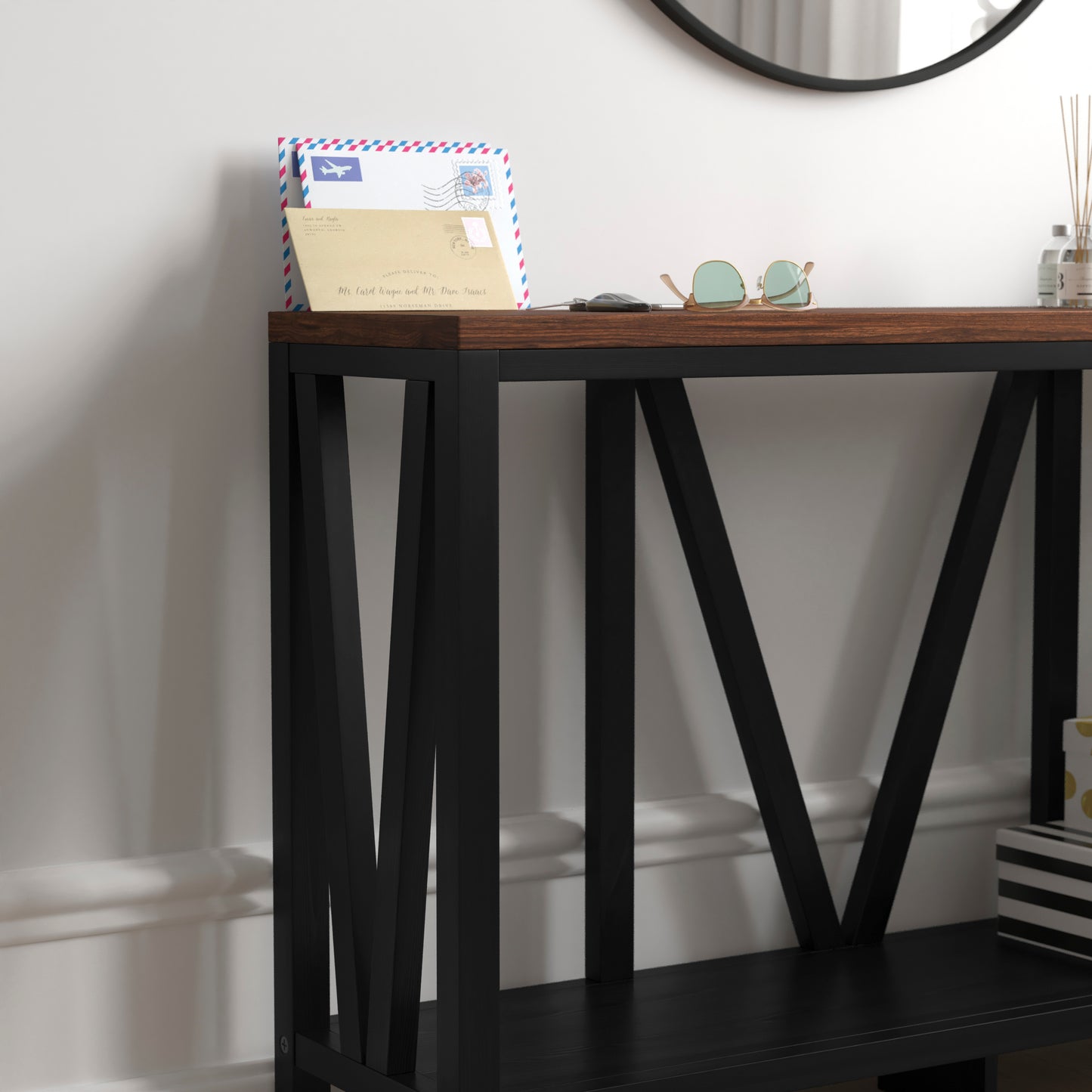 Charlotte Farmhouse 2-Tier Console Accent Table - Black Finish Engineered Wood Frame - Walnut Finish Tabletop - For Entryway or Living Room Walnut Top/Black Frame
