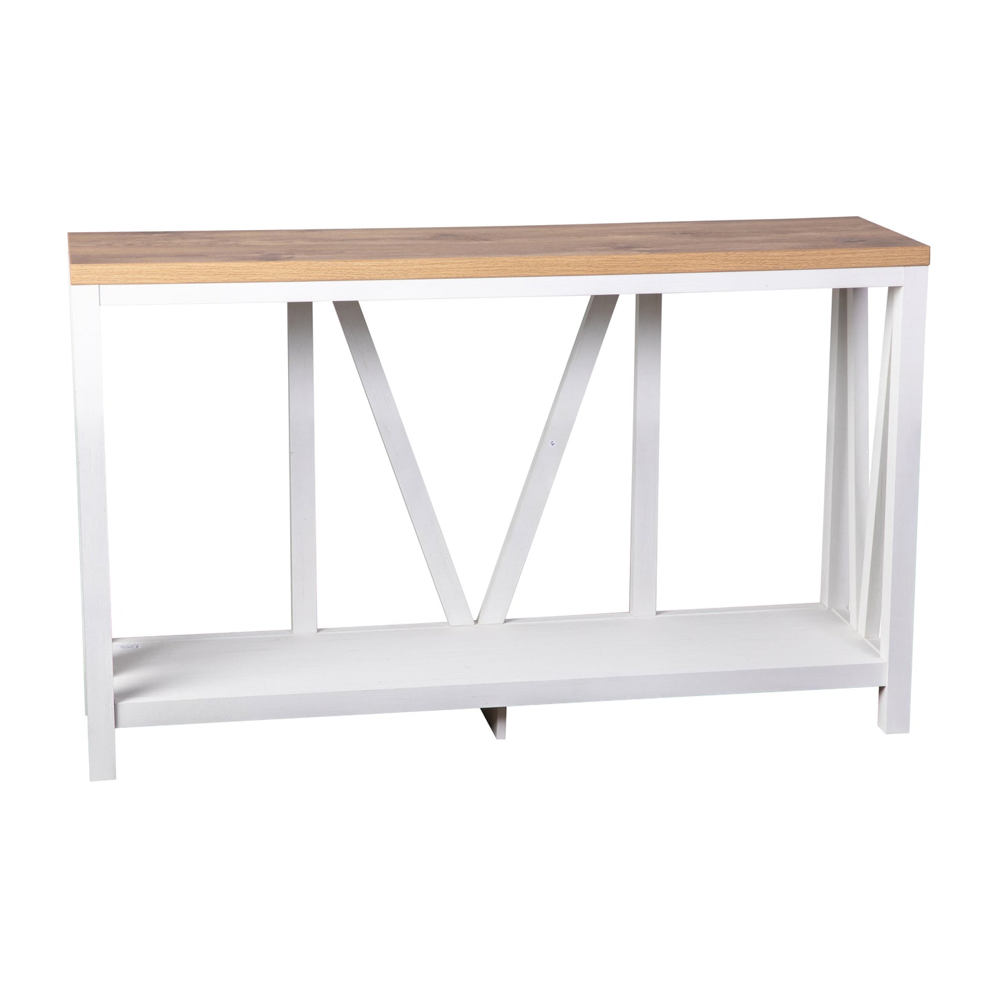 Charlotte Farmhouse 2-Tier Console Accent Table - Brushed White Finish Engineered Wood Frame - Warm Oak Finish Tabletop - For Entryway or Living Room Warm Oak Top/White Frame