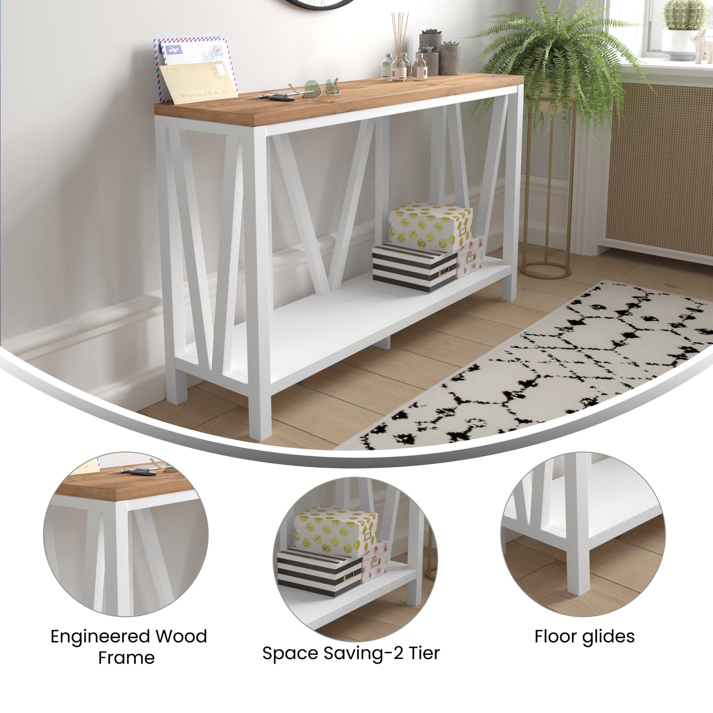 Charlotte Farmhouse 2-Tier Console Accent Table - Brushed White Finish Engineered Wood Frame - Warm Oak Finish Tabletop - For Entryway or Living Room Warm Oak Top/White Frame