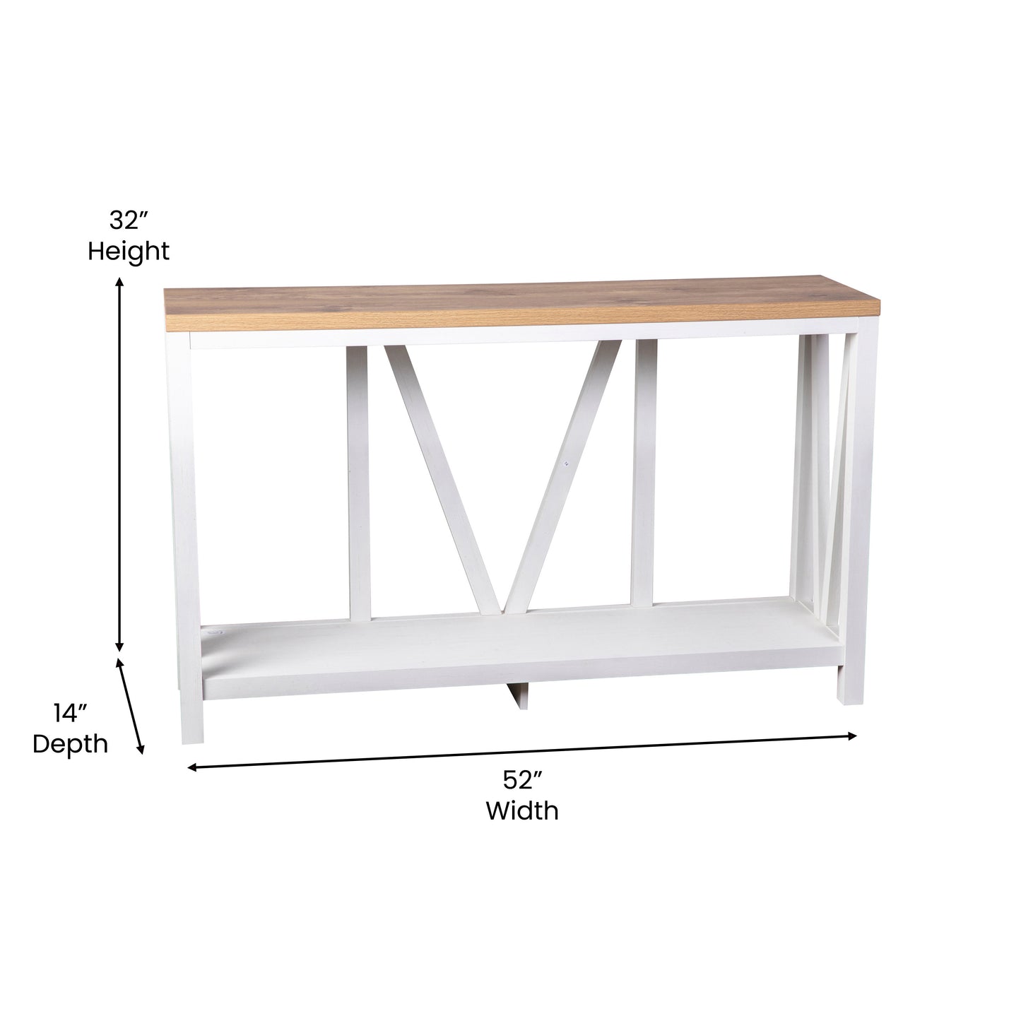 Charlotte Farmhouse 2-Tier Console Accent Table - Brushed White Finish Engineered Wood Frame - Warm Oak Finish Tabletop - For Entryway or Living Room Warm Oak Top/White Frame