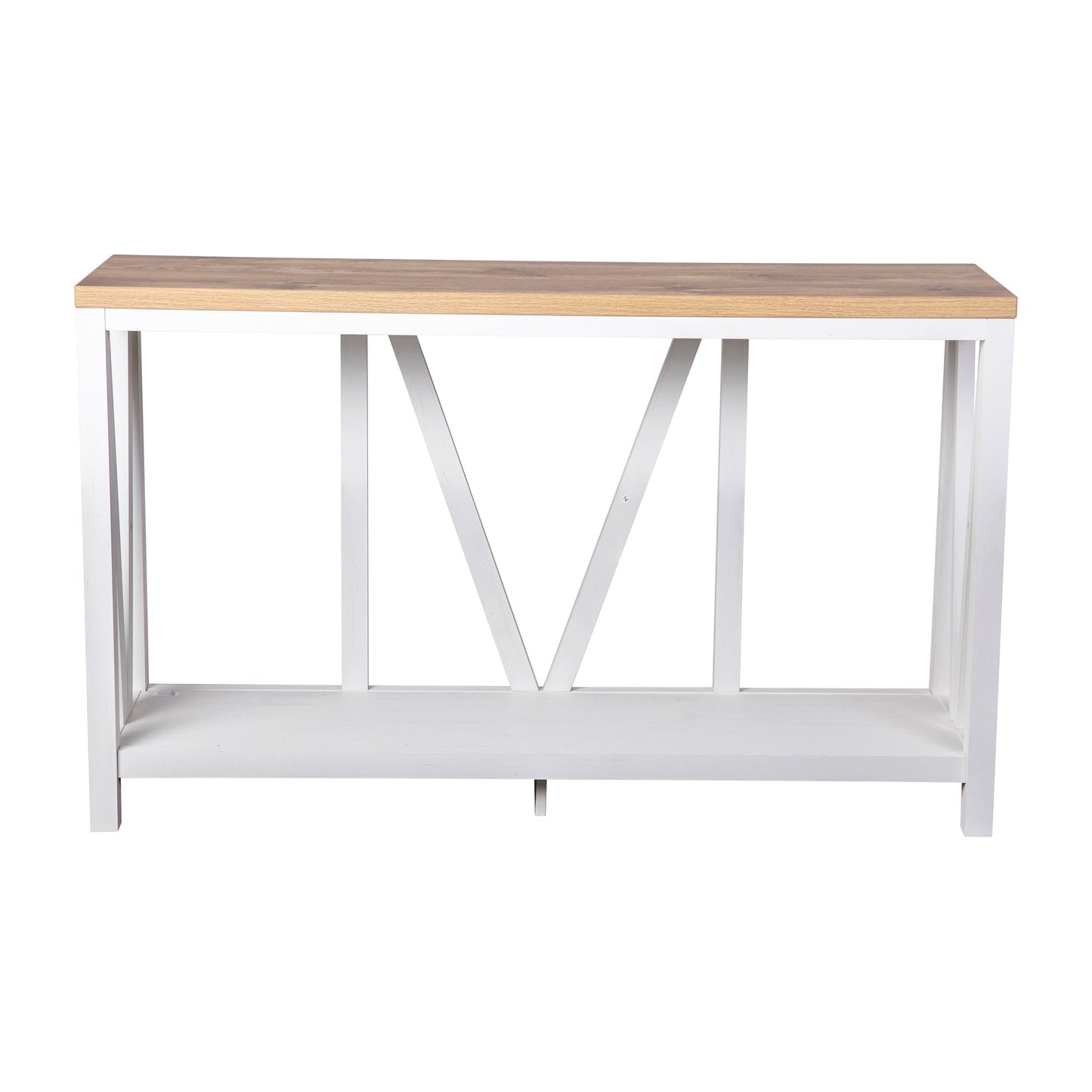 Charlotte Farmhouse 2-Tier Console Accent Table - Brushed White Finish Engineered Wood Frame - Warm Oak Finish Tabletop - For Entryway or Living Room Warm Oak Top/White Frame