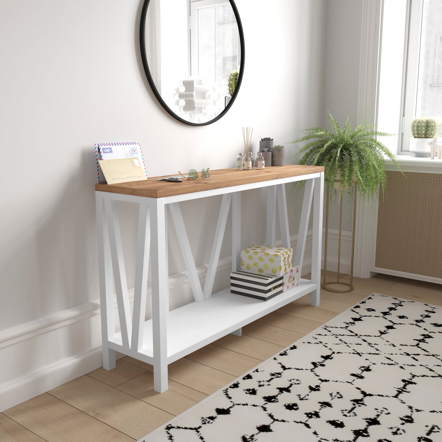 Charlotte Farmhouse 2-Tier Console Accent Table - Brushed White Finish Engineered Wood Frame - Warm Oak Finish Tabletop - For Entryway or Living Room Warm Oak Top/White Frame