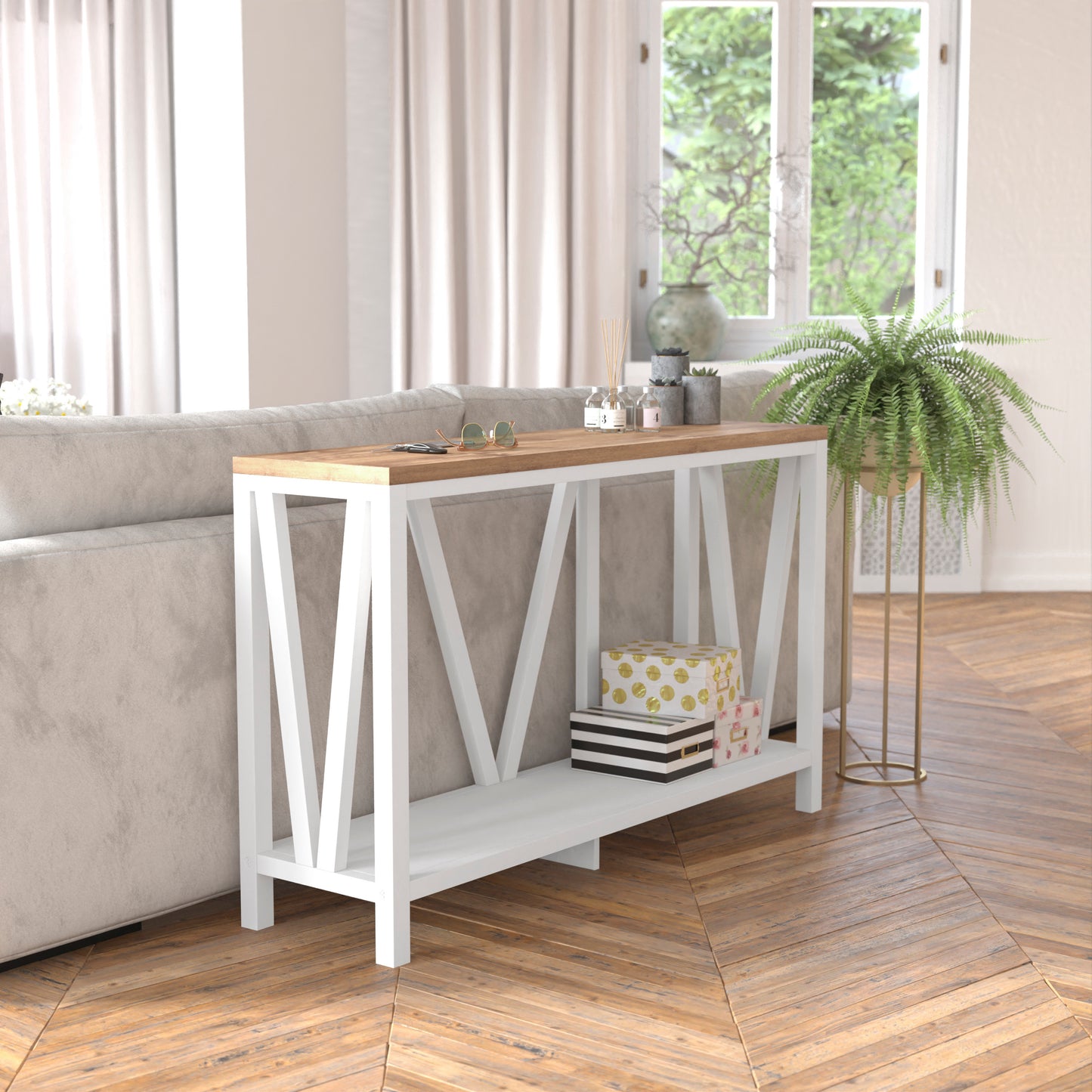 Charlotte Farmhouse 2-Tier Console Accent Table - Brushed White Finish Engineered Wood Frame - Warm Oak Finish Tabletop - For Entryway or Living Room Warm Oak Top/White Frame