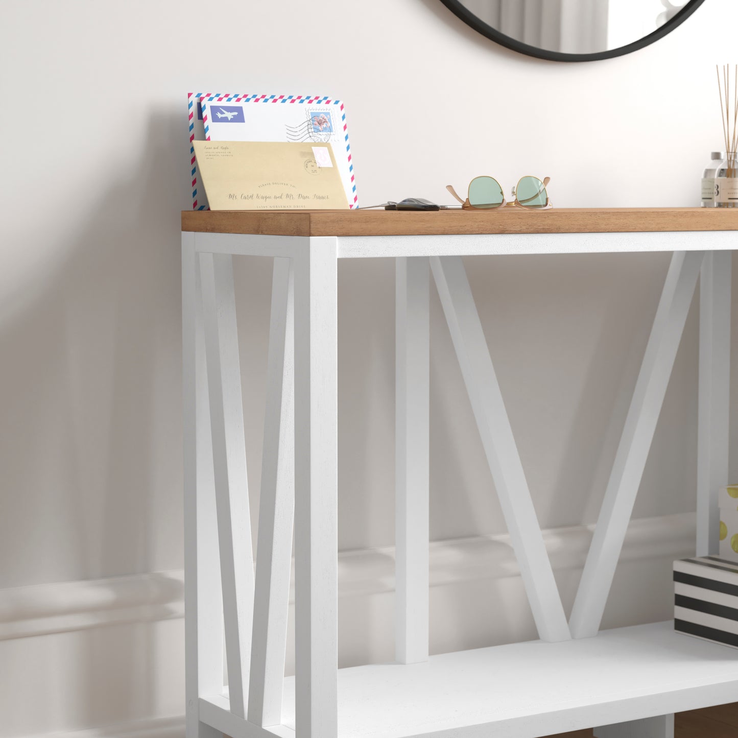 Charlotte Farmhouse 2-Tier Console Accent Table - Brushed White Finish Engineered Wood Frame - Warm Oak Finish Tabletop - For Entryway or Living Room Warm Oak Top/White Frame