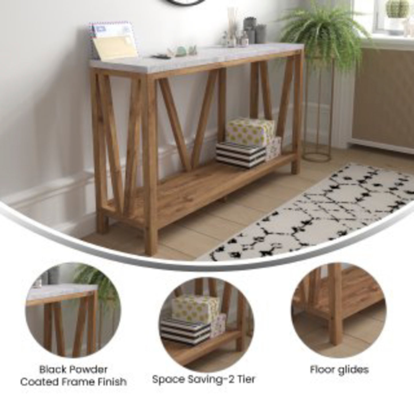 Charlotte Farmhouse 2-Tier Console Accent Table -Warm Oak Finish Engineered Wood Frame - Concrete Finish Tabletop - For Entryway or Living Room Concrete Top/Warm Oak Frame