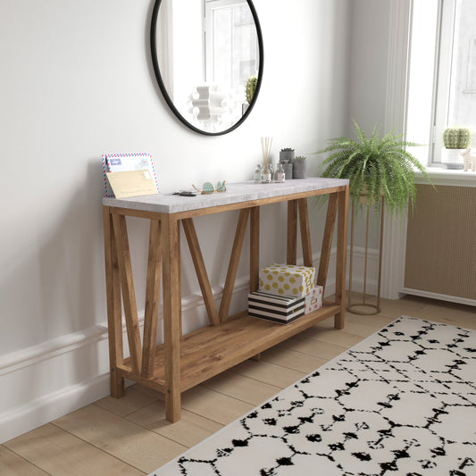 Charlotte Farmhouse 2-Tier Console Accent Table -Warm Oak Finish Engineered Wood Frame - Concrete Finish Tabletop - For Entryway or Living Room Concrete Top/Warm Oak Frame