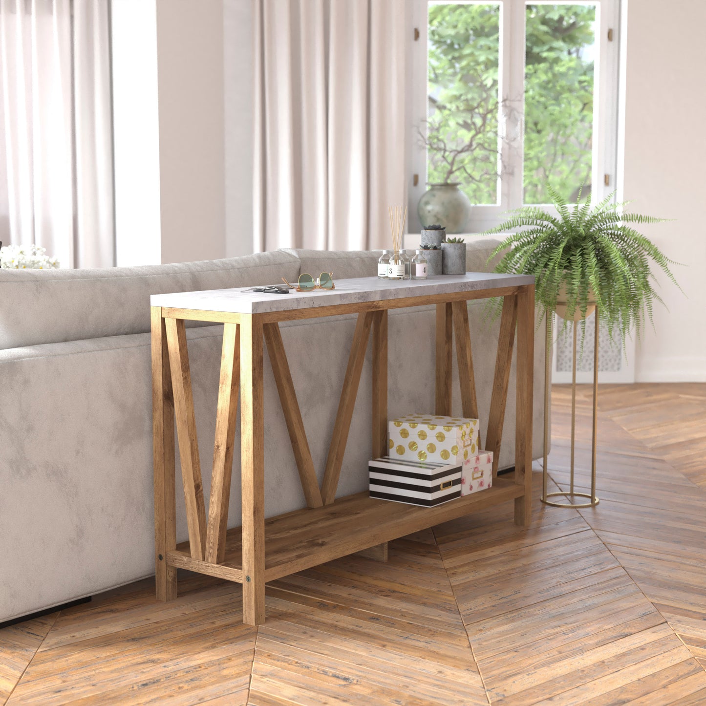 Charlotte Farmhouse 2-Tier Console Accent Table -Warm Oak Finish Engineered Wood Frame - Concrete Finish Tabletop - For Entryway or Living Room Concrete Top/Warm Oak Frame