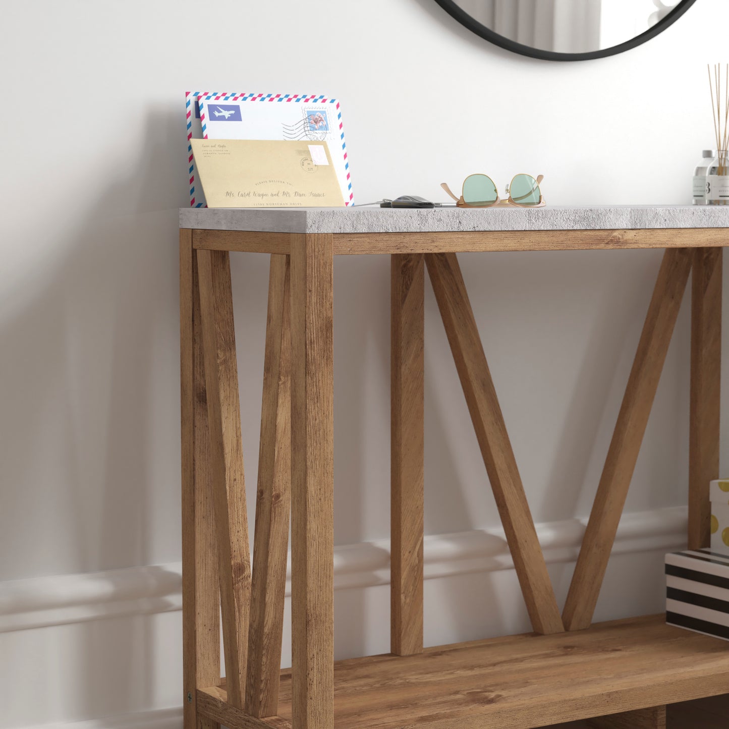 Charlotte Farmhouse 2-Tier Console Accent Table -Warm Oak Finish Engineered Wood Frame - Concrete Finish Tabletop - For Entryway or Living Room Concrete Top/Warm Oak Frame