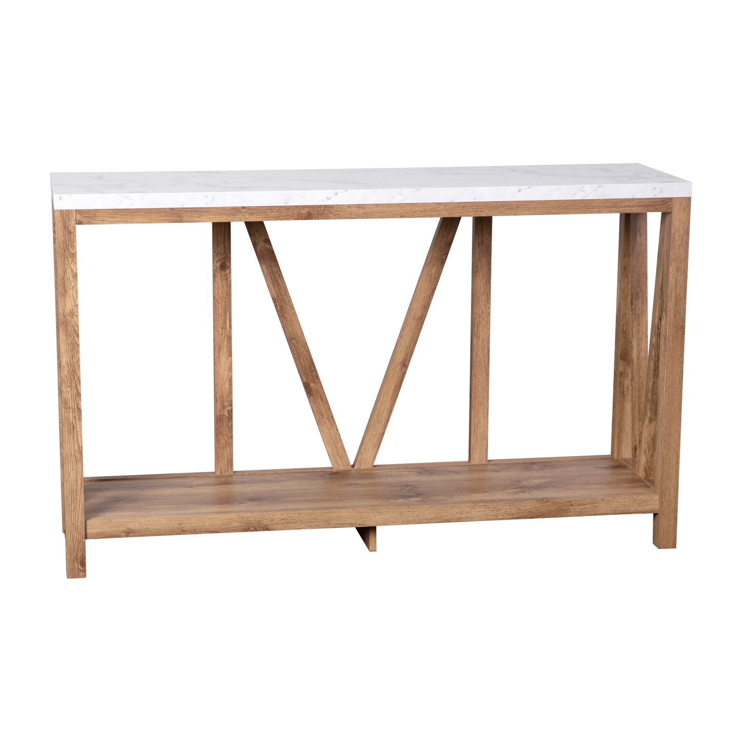 Charlotte Farmhouse 2-Tier Console Accent Table - Warm Oak Finish Engineered Wood Frame - Marble Finish Tabletop - For Entryway or Living Room Marble Top/Warm Oak Frame