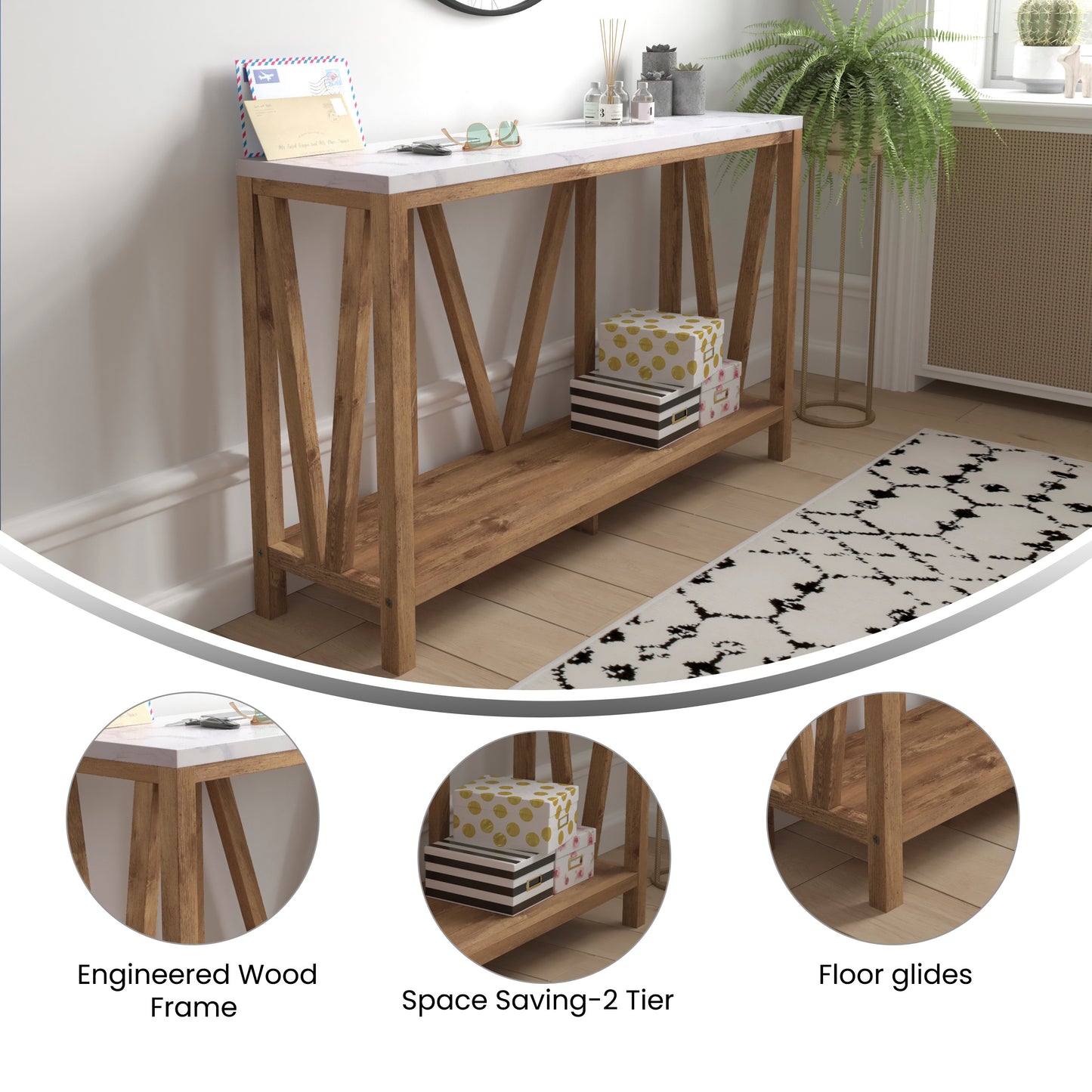 Charlotte Farmhouse 2-Tier Console Accent Table - Warm Oak Finish Engineered Wood Frame - Marble Finish Tabletop - For Entryway or Living Room Marble Top/Warm Oak Frame