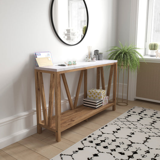 Charlotte Farmhouse 2-Tier Console Accent Table - Warm Oak Finish Engineered Wood Frame - Marble Finish Tabletop - For Entryway or Living Room Marble Top/Warm Oak Frame