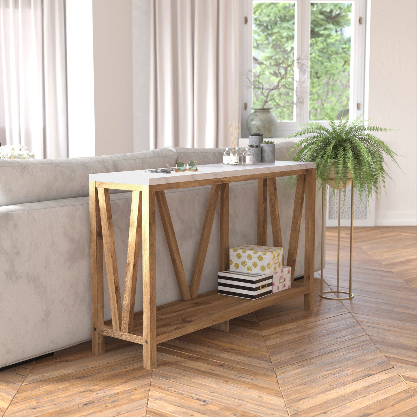 Charlotte Farmhouse 2-Tier Console Accent Table - Warm Oak Finish Engineered Wood Frame - Marble Finish Tabletop - For Entryway or Living Room Marble Top/Warm Oak Frame