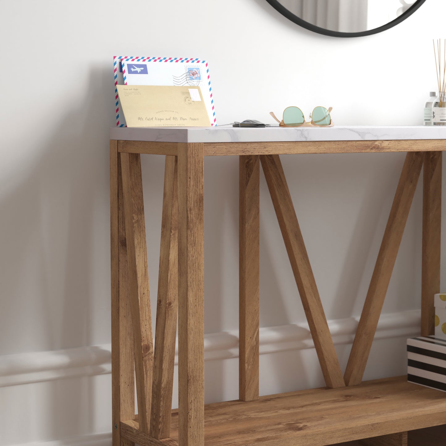 Charlotte Farmhouse 2-Tier Console Accent Table - Warm Oak Finish Engineered Wood Frame - Marble Finish Tabletop - For Entryway or Living Room Marble Top/Warm Oak Frame