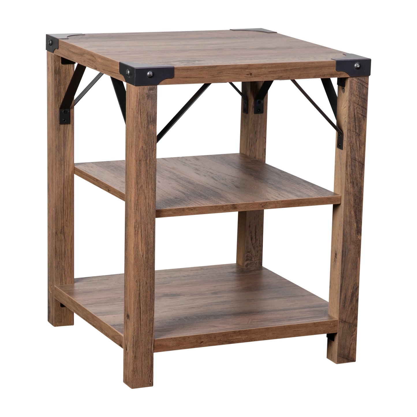 Wyatt Modern Farmhouse Wooden 3 Tier End Table with Black Metal Corner Accents and Cross Bracing, Rustic Oak Rustic Oak