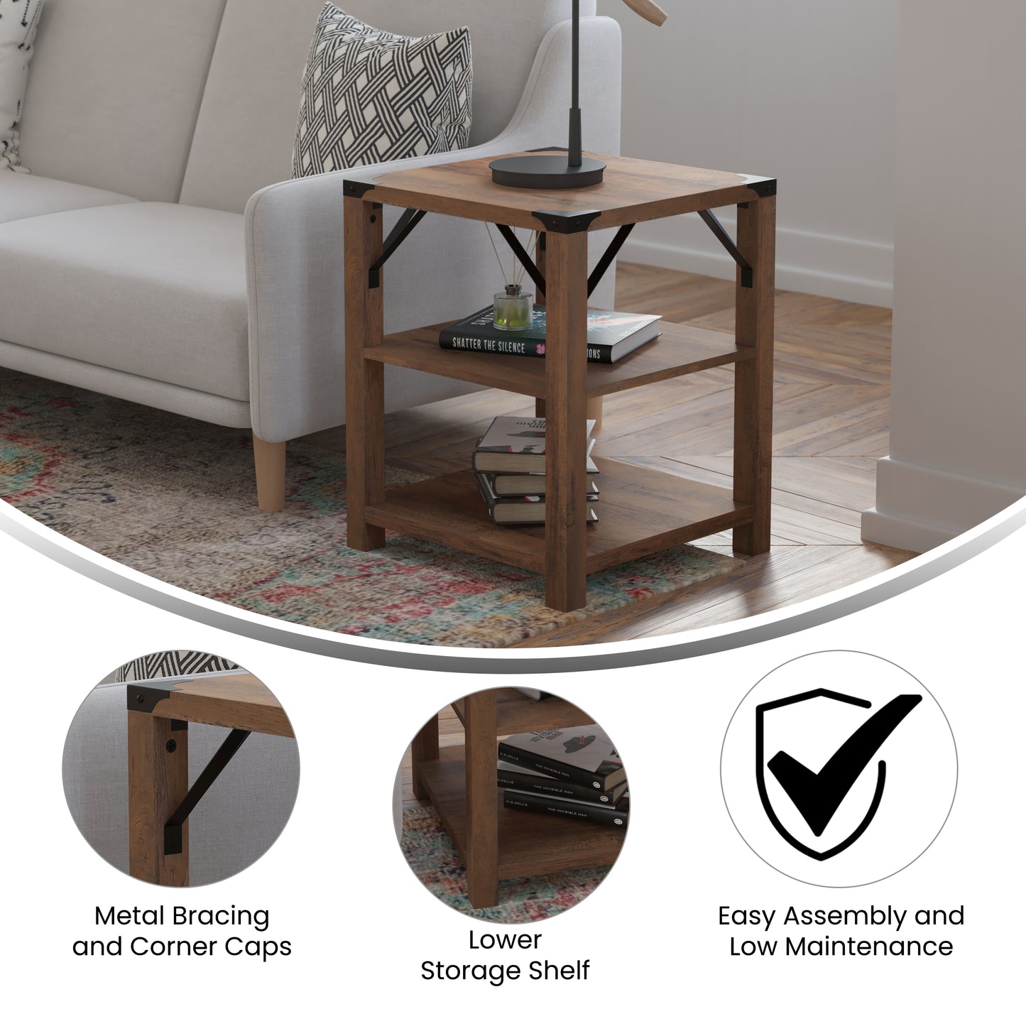 Wyatt Modern Farmhouse Wooden 3 Tier End Table with Black Metal Corner Accents and Cross Bracing, Rustic Oak Rustic Oak