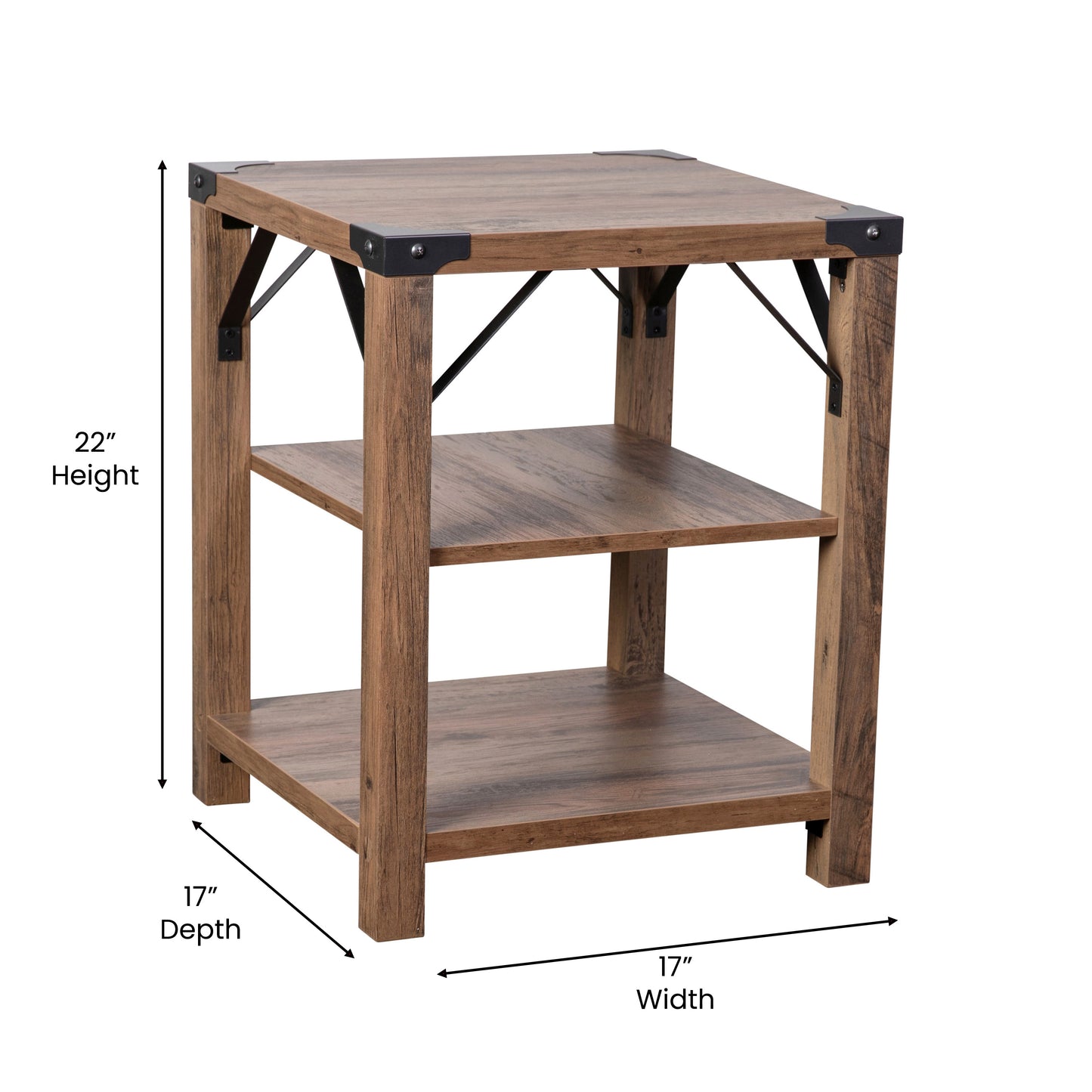 Wyatt Modern Farmhouse Wooden 3 Tier End Table with Black Metal Corner Accents and Cross Bracing, Rustic Oak Rustic Oak
