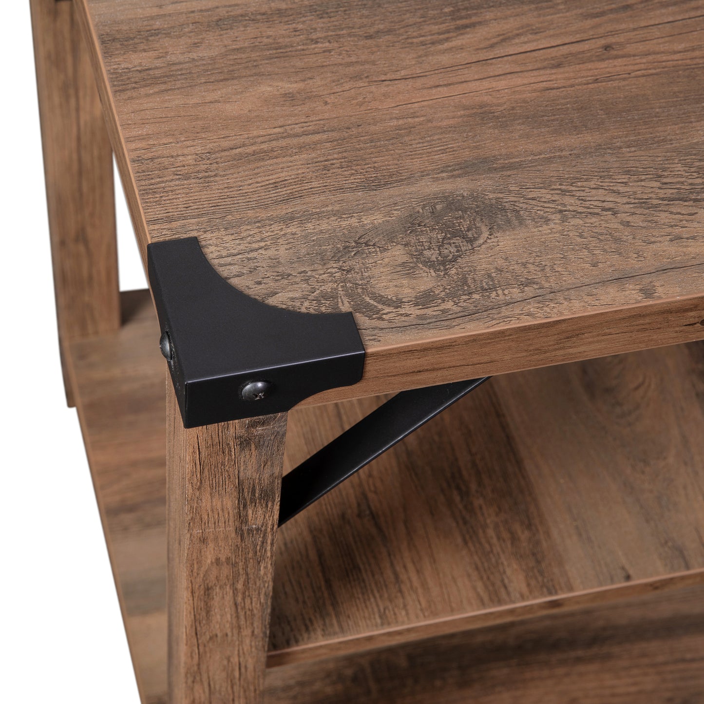 Wyatt Modern Farmhouse Wooden 3 Tier End Table with Black Metal Corner Accents and Cross Bracing, Rustic Oak Rustic Oak
